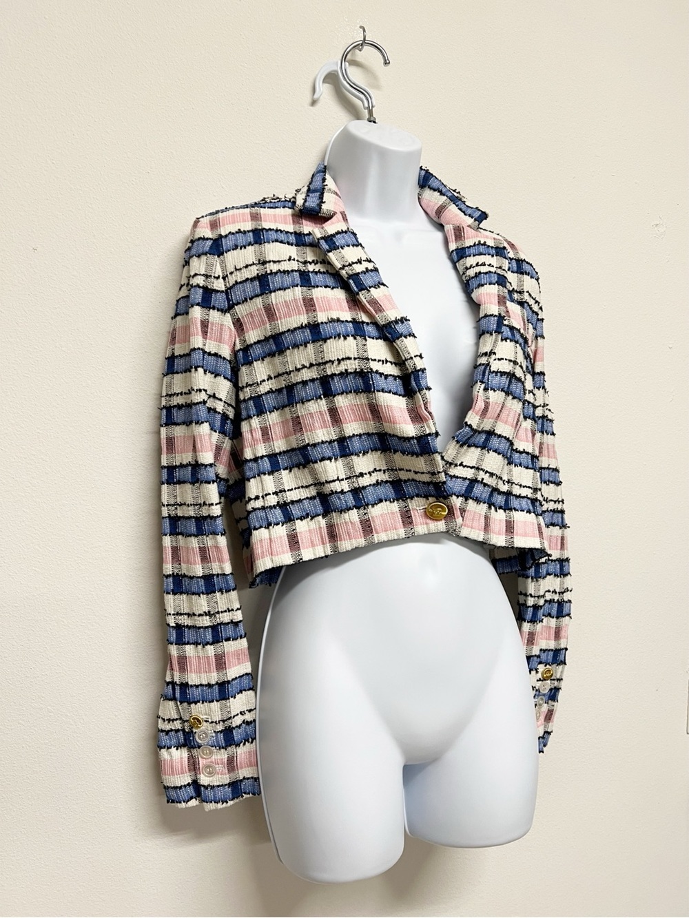 EENK Womens Ivory Pink Blue Preppy Single Breasted Short Tweed Jacket Size S - Picture 4 of 12